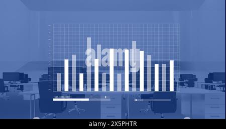 Blue and white graph processing data over computers on desks in empty office Stock Photo