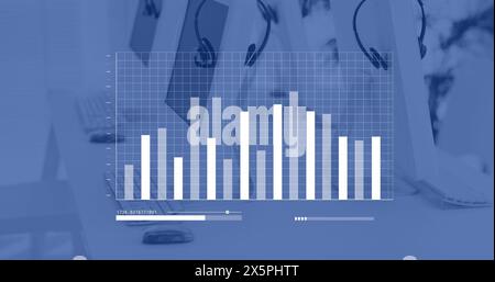 Blue and white graph processing data over computers and phone headsets on desks in empty office Stock Photo