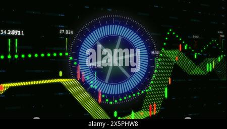 Image of financial data processing and neon round scanner spinning against black background Stock Photo