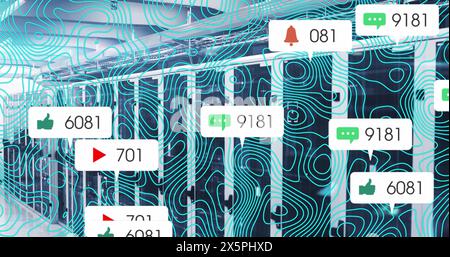 Image of icon and changing numbers in message boxes over abstract pattern on server room Stock Photo