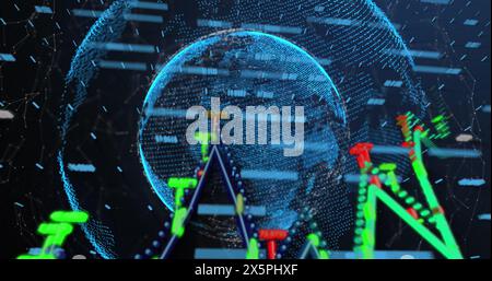 Image of numbers changing and graphs moving over globes Stock Photo