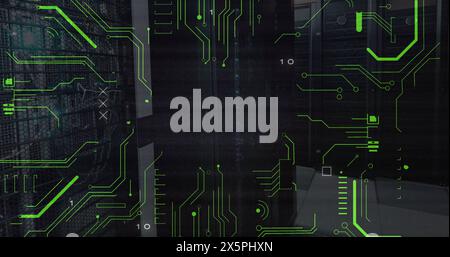 Image of binary codes and circuit board pattern over server room in background Stock Photo