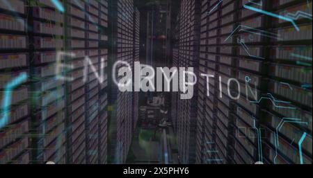 Image of encryption text, binary codes and circuit board pattern over server room Stock Photo