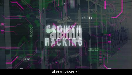 Image of growth hacking text, changing numbers, binary codes, computer language over server room Stock Photo