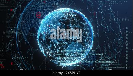 Image of illuminated connected dots forming globe and moving binary codes Stock Photo