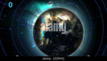 Image of illuminated binary codes with circles and connected dots over rotating globe Stock Photo
