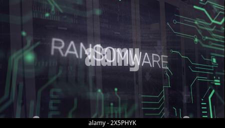 Image of ransomware text in circuit board pattern, binary codes over server room Stock Photo