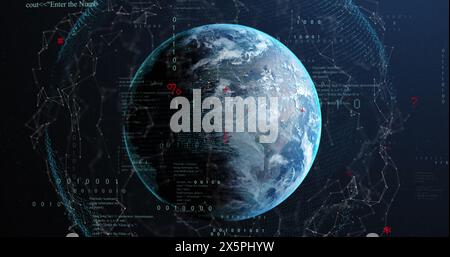 Image of connected dots and binary codes with programming language around rotating globe Stock Photo