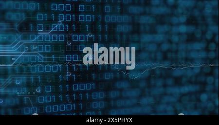 Image of graphs, circuit board pattern and binary codes over black background Stock Photo