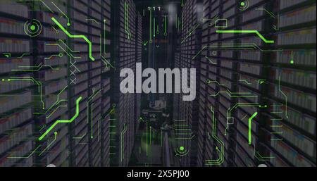 Image of binary codes and power supply over equipment in server room Stock Photo