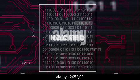 Image of hacked text with binary codes and circuit board pattern over black background Stock Photo