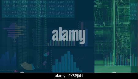 Image of multiple graphs and numbers moving over data system Stock Photo