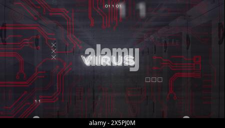 Image of virus text, binary codes and circuit board pattern over server room Stock Photo