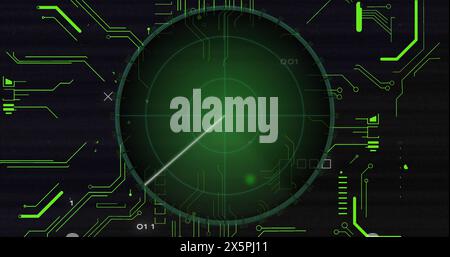 Image of radar with circuit board pattern and binary codes over abstract background Stock Photo