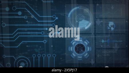 Image of radar, arc reactor, globe and computer language over server room Stock Photo