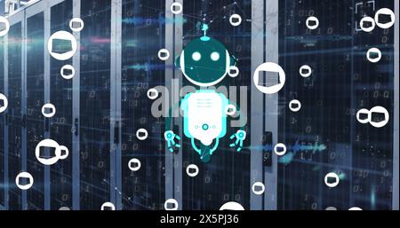 Image of ai chat bot and icons over computer server background Stock Photo