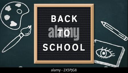 Image of school icons over back to school text on letterboard Stock Photo