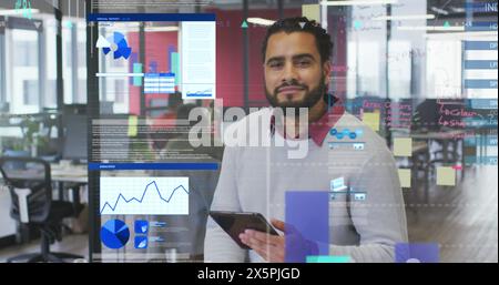 Image of data processing over biracial men Stock Photo