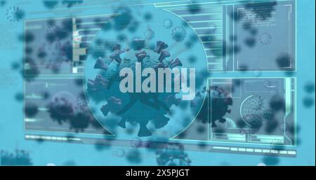 Image of covid 19 cells and data on screen Stock Photo
