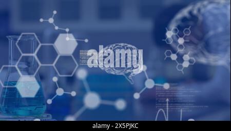 Image of data processing and chemical formula over scientist in lab Stock Photo