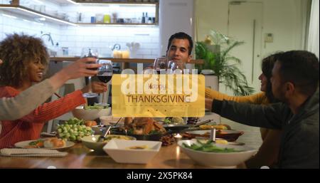 Image of happy thanksgiving day text over happy diverse friends eating Stock Photo