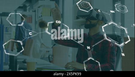 Image of network of connections over biracial men using vr headset Stock Photo