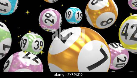 Image of golden star icons and pool balls with numbers floating against black background Stock Photo