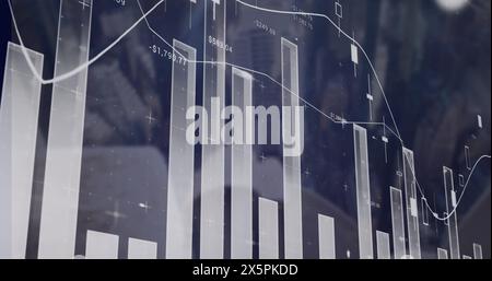 Image of statistics, data processing over cityscape Stock Photo