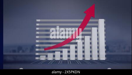 Image of red arrow, statistics, data processing over cityscape Stock Photo