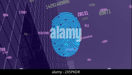 Image of fingerprint and data processing over cityscape Stock Photo