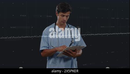Image of statistics and data processing over male doctor Stock Photo