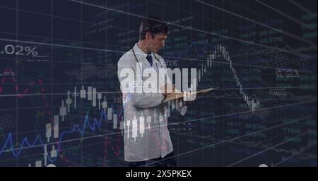 Image of statistics and data processing over male doctor Stock Photo