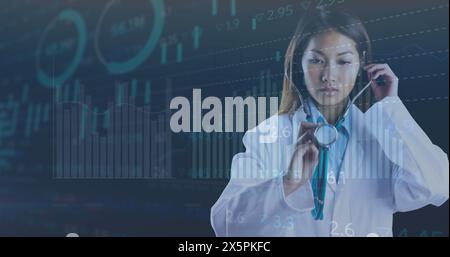 Image of statistics and data processing over female doctor Stock Photo