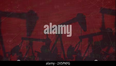 Image of financial data processing against construction site against grunge red background Stock Photo