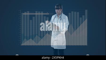 Image of statistics and data processing over female doctor Stock Photo