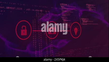 Image of connected icons over programming language against abstract background Stock Photo