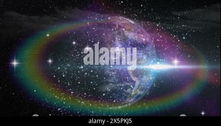 Image of light spots and stars over globe on black background Stock Photo