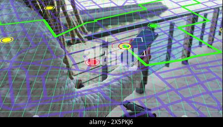 Image of city map over biracial man riding bike and using smartphone Stock Photo