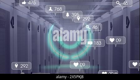 Image of multiple social media icons and round neon scanner against computer server room Stock Photo