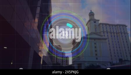 Image of scope scanning and data processing over cityscape Stock Photo
