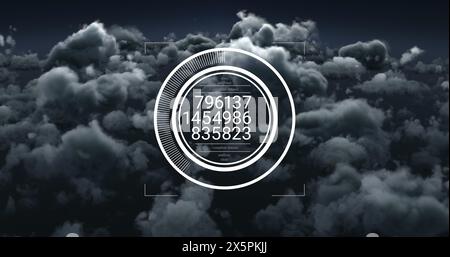 Image of data processing over round scanner against dark clouds in the sky Stock Photo