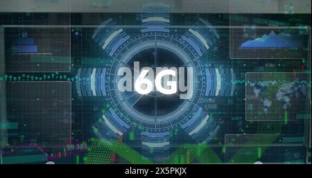Image of 6g text and data processing over computer servers Stock Photo