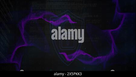 Image of wave patterns over computer language against padlock in shield on abstract background Stock Photo