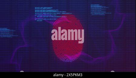 Image of illuminated fingerprint over abstract patterns and computer language on blue background Stock Photo