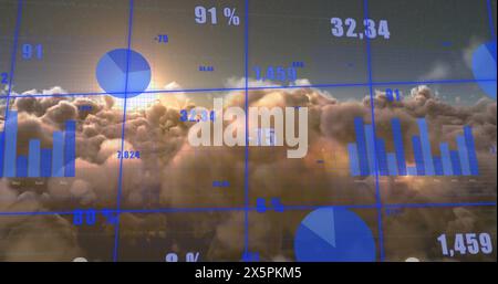 Image of statistical data processing over grid network against clouds and shining sun in the sky Stock Photo
