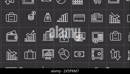 Image of multiple computer icons and screen with programming language over grid Stock Photo