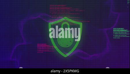 Image of fingerprint padlock in shield over computer language against abstract background Stock Photo