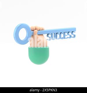 Flat 3d isometric key to success in business concept web infographics 3d illustration. Big male hand hold key with success word. Creative people colle Stock Photo