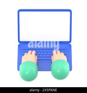 Cartoon Gesture Icon Mockup.Hands in work at laptop keyboard with blank monitor screen at table. Work place at home.3d illustration.3D rendering on wh Stock Photo