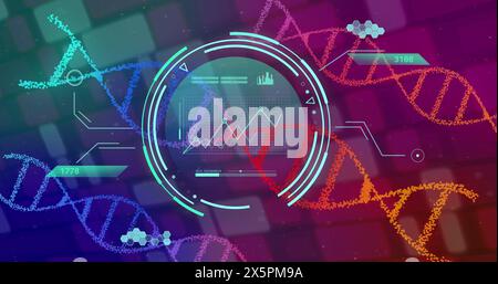 Image of dna strands spinning and scientific data processing Stock Photo